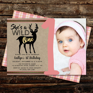 Wild One Girls Photo First Birthday Invitations