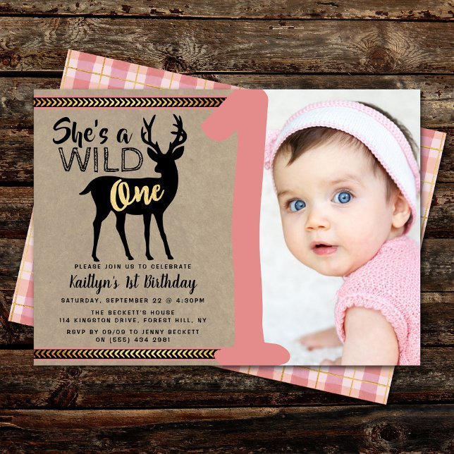 Wild One Girls Photo First Birthday Invitations (Creator Uploaded)