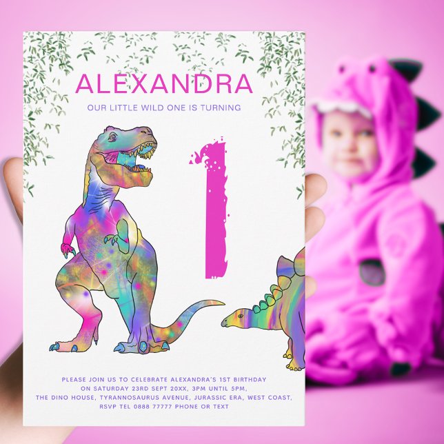 Wild One Girls T Rex 1st Birthday Party Invitation (Girls wild one dinosaur 1st birthday party invitation with colorful T-Rex and Stegosaurus dino fun)
