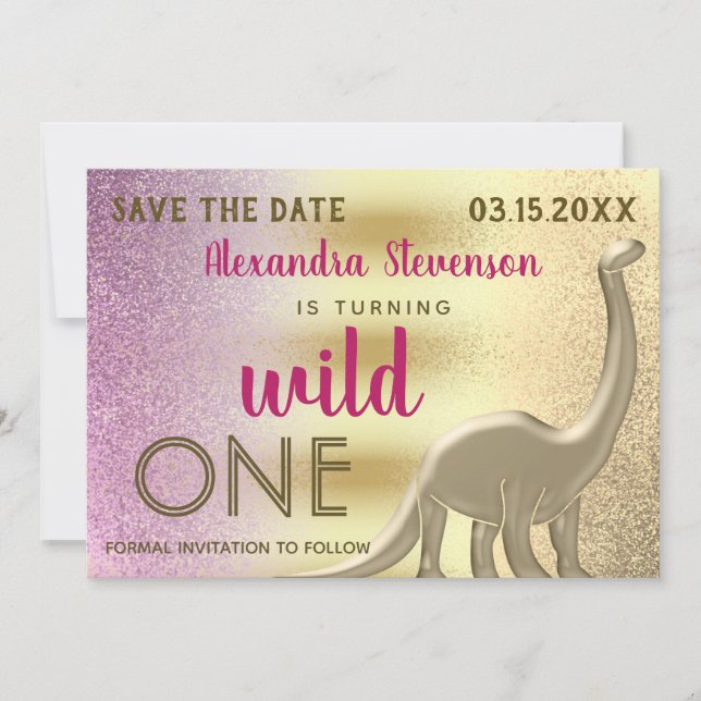 Wild One Glitter Pink & Gold Dinosaur 1st Birthday Save The Date (Front)