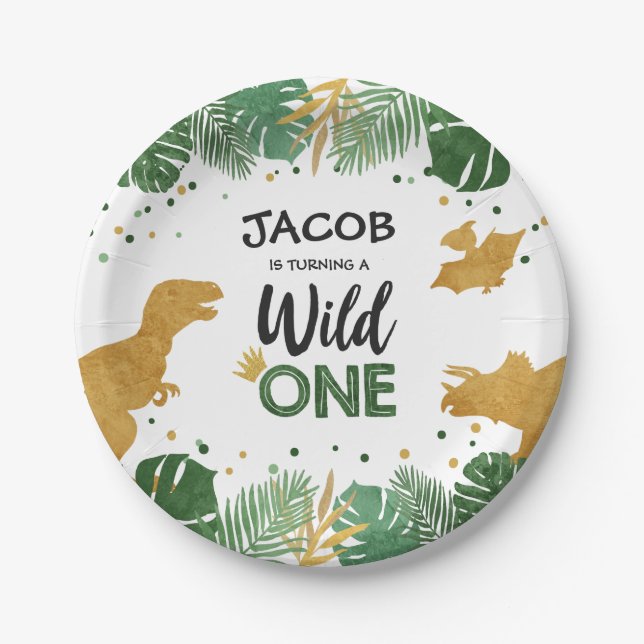 Wild One Gold Dinosaur Boy First Birthday Safari Paper Plate (Front)