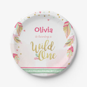 Wild One Gold First birthday Paper Plates Pink