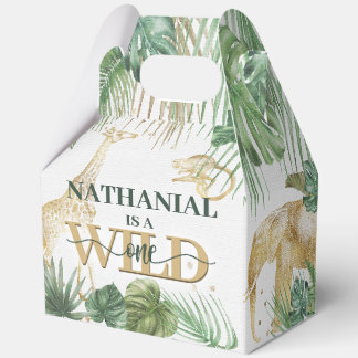 🌿🦁 Wild One Gold Green Birthday Favor Boxes
