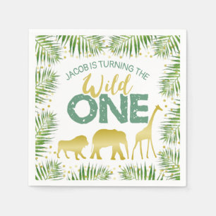 Wild One Gold & Green Safari Animals 1st Birthday Napkin