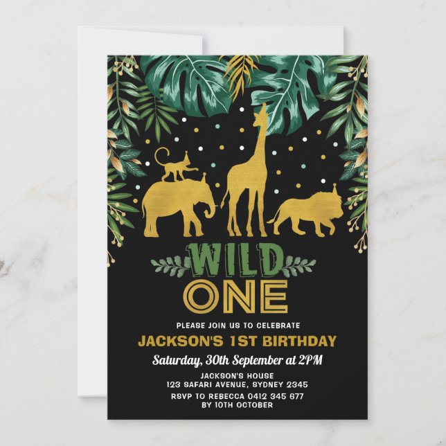 Wild One / Gold Jungle Safari Animals 1st Birthday Invitation (Front)