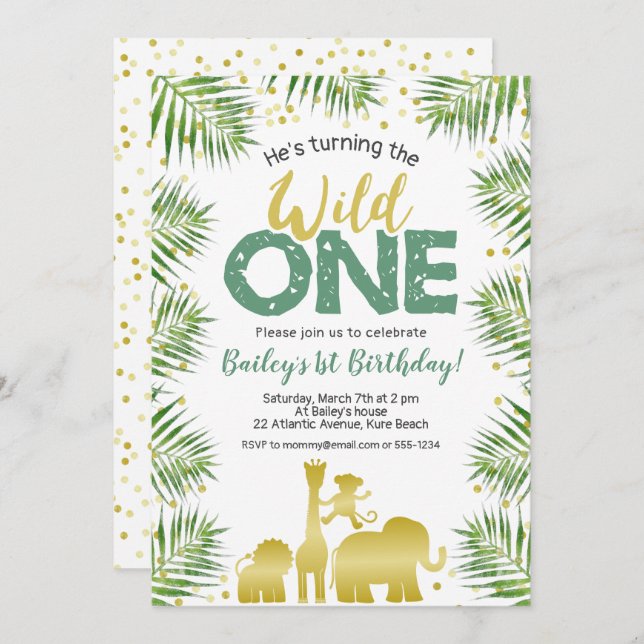 Wild One Green Gold Safari Animals 1st Birthday Invitation (Front/Back)