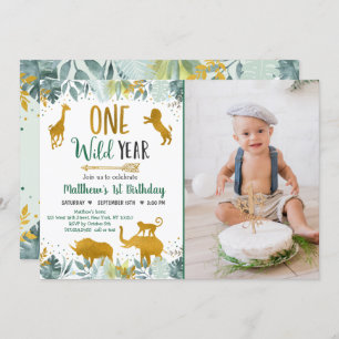 Wild One Greenery Gold Safari Birthday Invitation