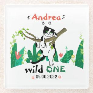 Wild One Greenery Safari Kitty Cat 1st Birthday Glass Coaster