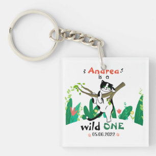 Wild One Greenery Safari Kitty Cat 1st Birthday Key Ring