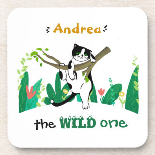 Wild One Greenery Safari Kitty Cat Kids Birthday Coaster