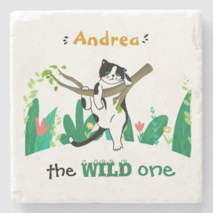 Wild One Greenery Safari Kitty Cat Kids Birthday Stone Coaster