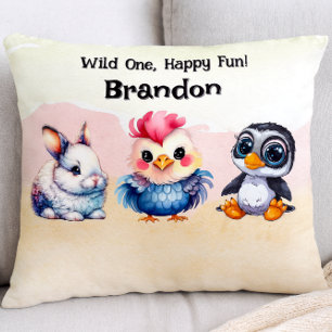 Wild One Happy Fun Woodland Animals Watercolor Decorative Cushion