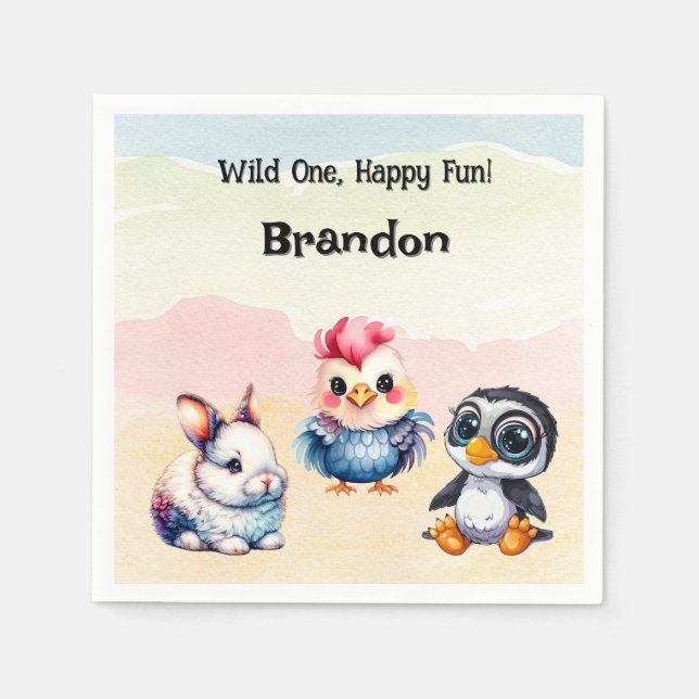 Wild One Happy Fun Woodland Animals Watercolor Napkin (Front)