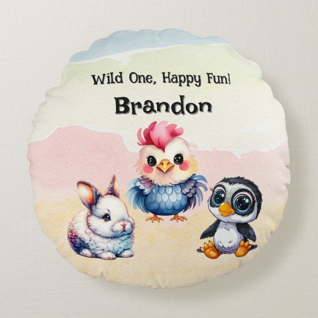 Wild One Happy Fun Woodland Animals Watercolor Round Cushion (Front)