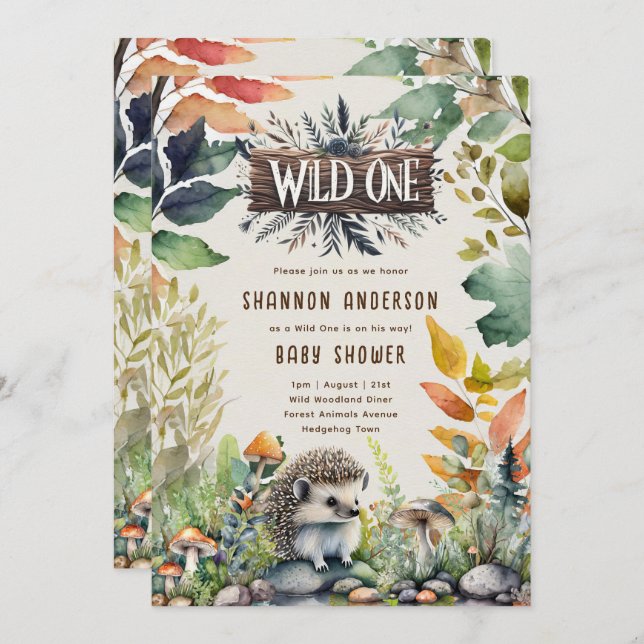 Wild One Hedgehog Baby Woodland Animals Invitation (Front/Back)