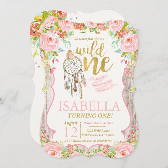 Wild One Invitation Girl Boho Dreamcatcher Party (Front/Back)