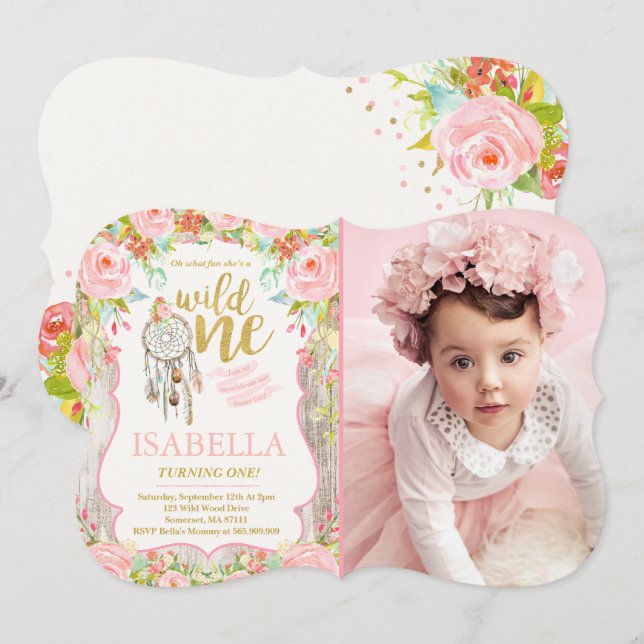 Wild One Invitation Girl Boho Dreamcatcher Party (Front/Back)