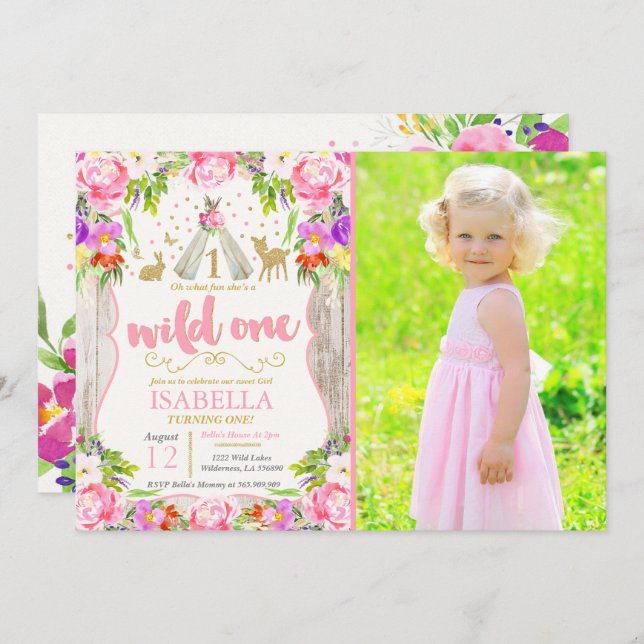 Wild One Invitation Girl Wild One 1st Birthday (Front/Back)