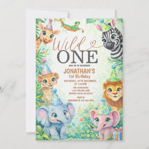  Wild One Jungle Animal 1st Birthday Party Invitation
