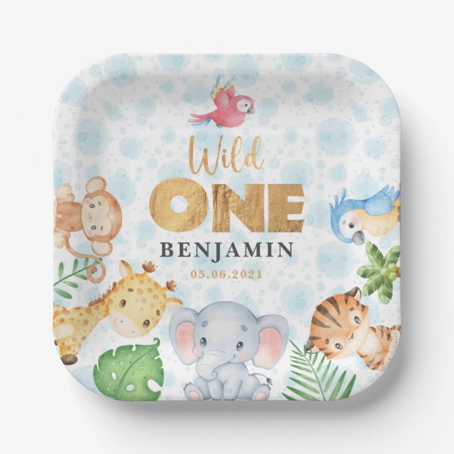 Wild One Jungle Animals 1st Birthday Party Paper P Plate (Front)