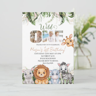 Wild One Jungle Animals Boy Photo 1st Birthday Invitation