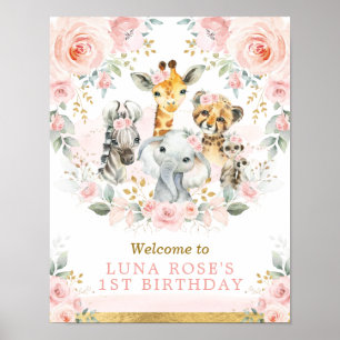 Wild One Jungle Animals Pink Blush Floral Birthday Poster