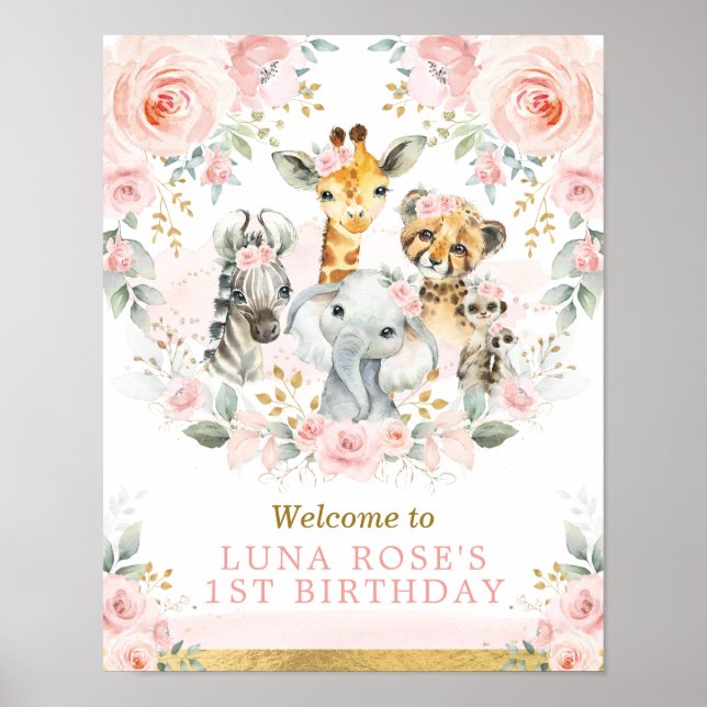 Wild One Jungle Animals Pink Blush Floral Birthday Poster (Front)