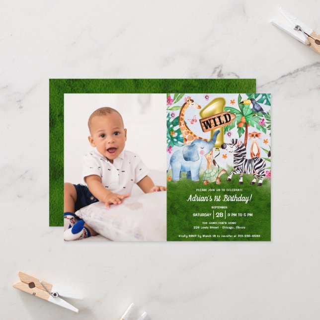 Wild One Jungle Birthday Photo Invitation (Front/Back In Situ)