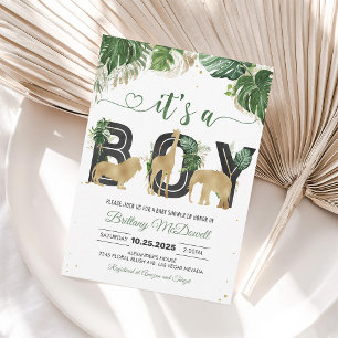 Wild One Jungle Boy Gold Baby Shower Invitation