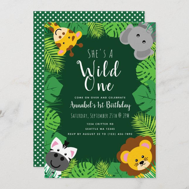 Wild One Jungle Critters Kids Birthday Invitation (Front/Back)