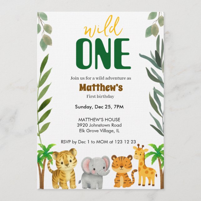 Wild One Jungle First Birthday Invitation (Front)