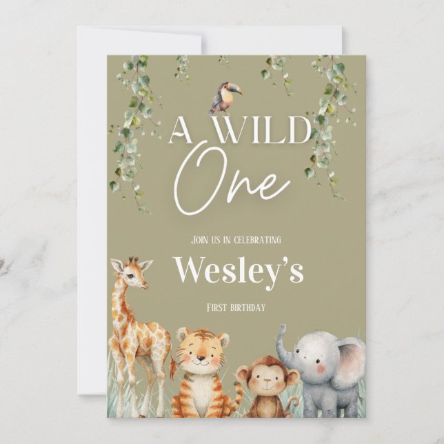 Wild One Jungle First Birthday Invitation (Front)