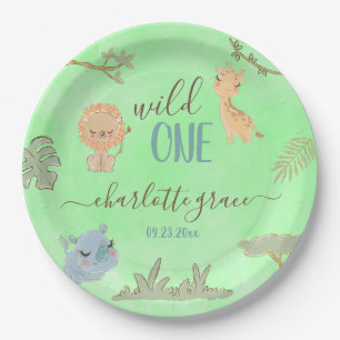 Wild One Jungle Friends Blue Brown First Birthday Paper Plate