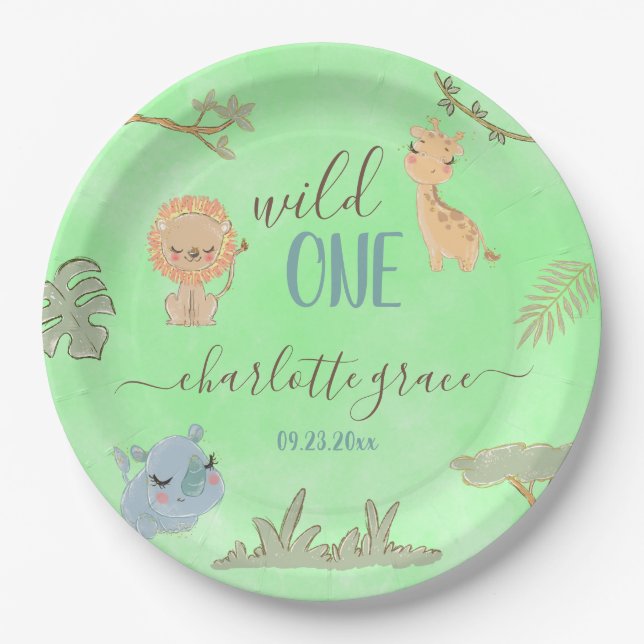 Wild One Jungle Friends Blue Brown First Birthday Paper Plate (Front)