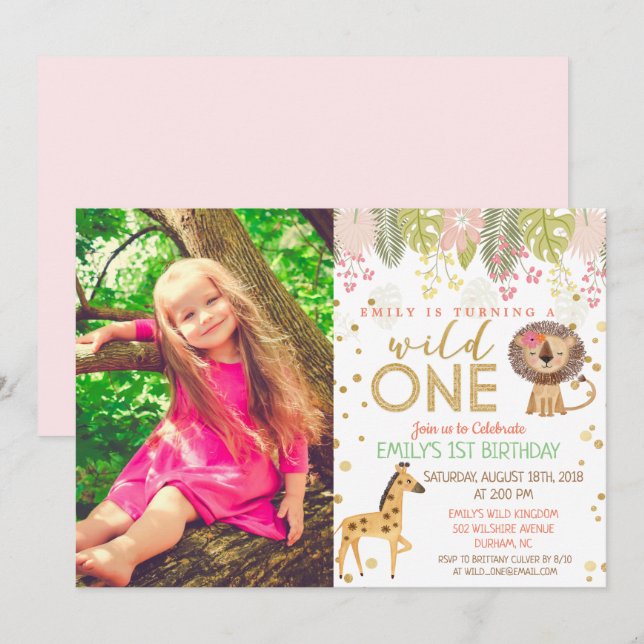 WILD ONE Jungle Girl 1st Birthday Invitation (Front/Back)