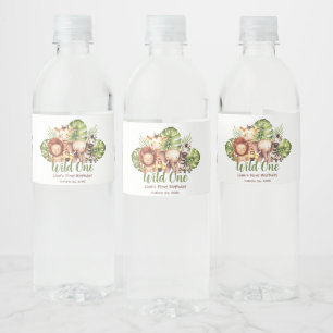 Wild One Jungle Greenery Animals First Birthday Water Bottle Label
