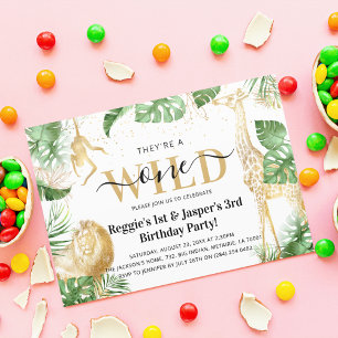Wild One Jungle Greenery & Gold Joint Birthday Invitation