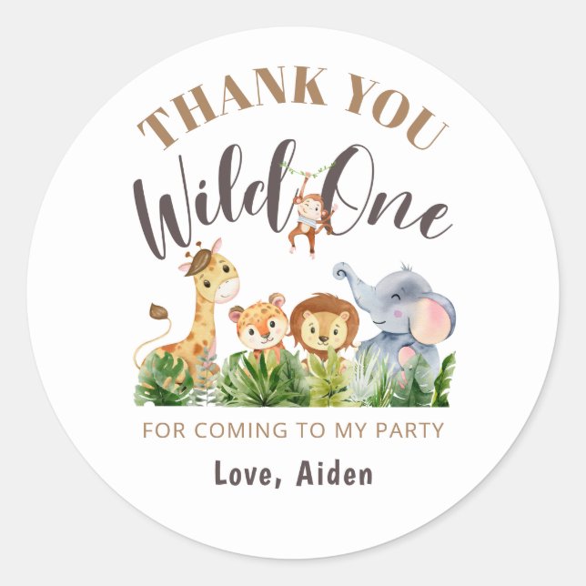 Wild One Jungle Greenery Thank You Birthday Classic Round Sticker (Front)