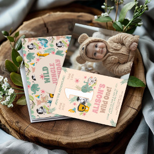 Wild One Jungle Party for Baby Girl with Photo Invitation