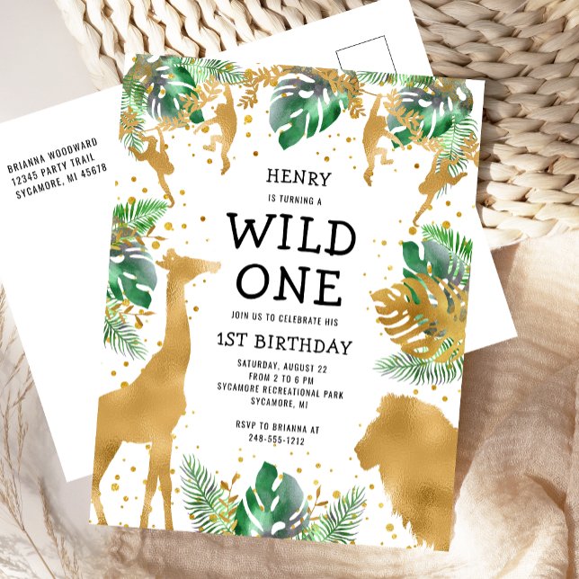 Wild One Jungle Safari 1st Birthday Gold Green Invitation Postcard (Creator Uploaded)