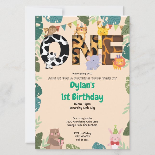 Wild One Jungle Safari 1st Birthday Invitation (Front)