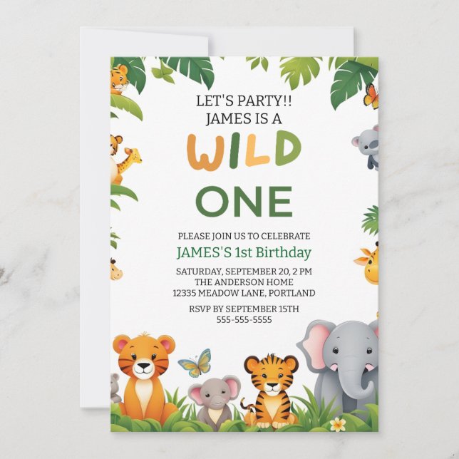 Wild One Jungle Safari 1st Birthday Invitation Kid (Front)