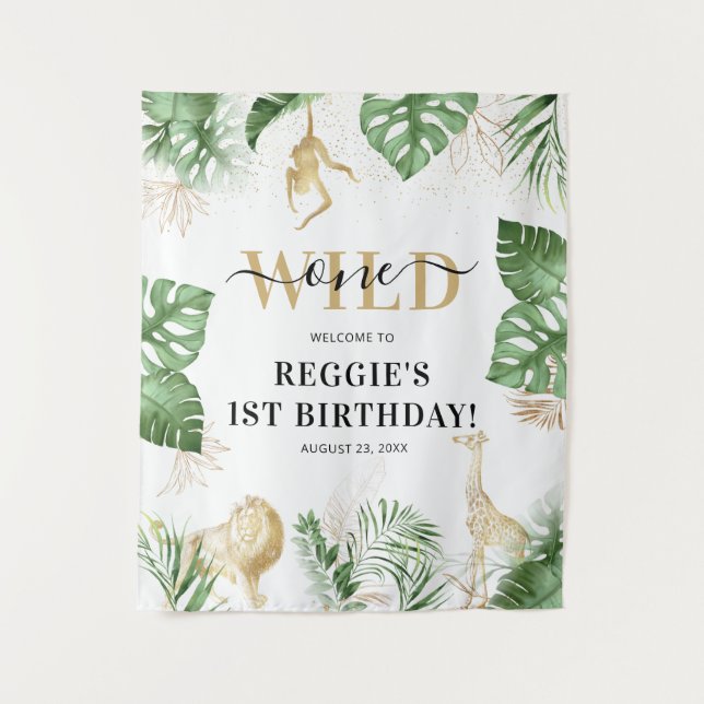 Wild One Jungle/Safari 1st Birthday Party Backdrop Tapestry (Front)