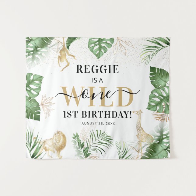 Wild One Jungle/Safari 1st Birthday Party Backdrop Tapestry (Front (Horizontal))