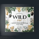 Wild One Jungle Safari 1st Birthday Party Backdrop Tapestry<br><div class="desc">Design features jungle palm tree greenery and banana leaves decorated with printed gold, black and green coloured balloons. Balloon designs also feature printed faux gold coloured confetti. Template also features baby giraffe, rhino (rhinoceros), elephant, lion, zebra, hippo (hippopotamus) and sloth watercolor animals for a safari theme. Wild one is printed...</div>