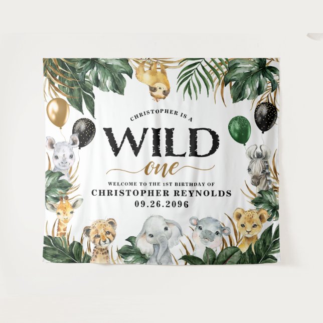 Wild One Jungle Safari 1st Birthday Party Backdrop Tapestry (Front (Horizontal))