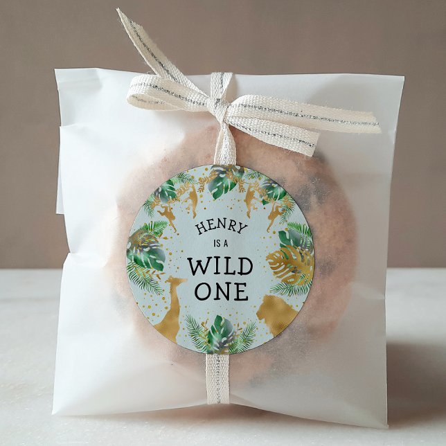 Wild One Jungle Safari 1st Birthday Party Green Classic Round Sticker (Creator Uploaded)