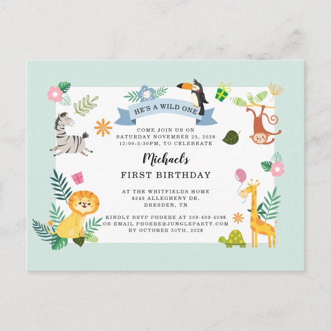 Wild One Jungle Safari Animal 1st Birthday Invitation Postcard (Front)