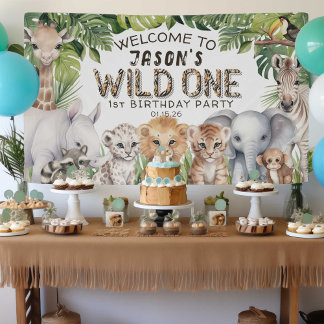 Wild One Jungle Safari Animal 1st birthday welcome Banner