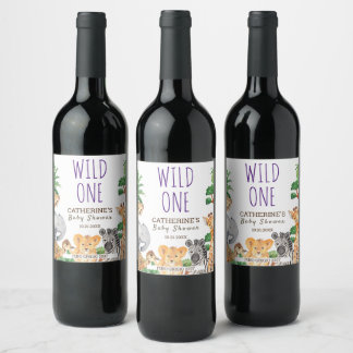 WILD ONE Jungle Safari Animal Baby Shower Wine Label